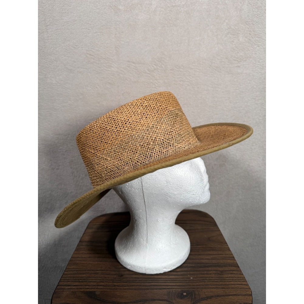 Duckster Vintage Straw Wide Brim Sun Hat Olive Green Tan Safari Unisex Korea